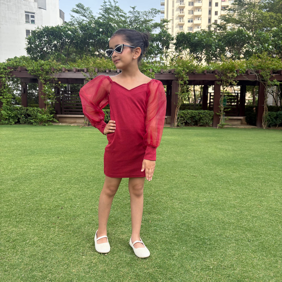 Burgendy Mesh Sleeve Dress