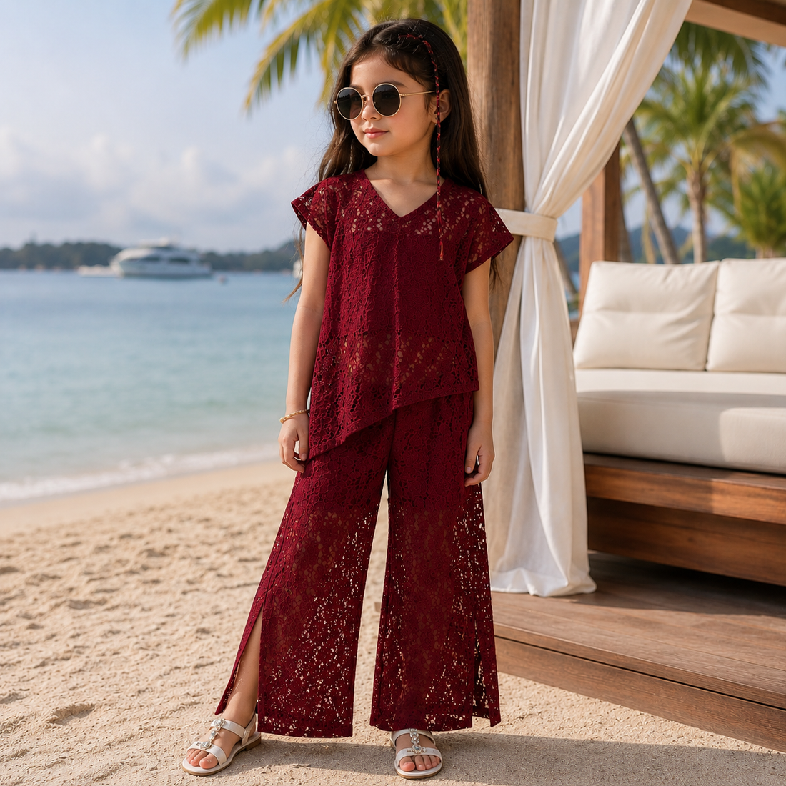 Girls Luxury Beach Lace Co-Ord Set | Resort Wear for Girls | Vacation Outfit | Sassy Kids